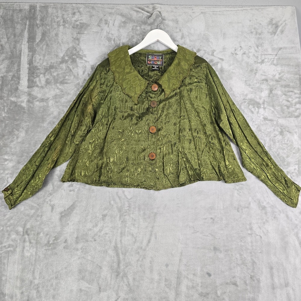 Short Circuit Fairy Grunge Jacquard Crop Blouse Small Green Peter Pan Collar